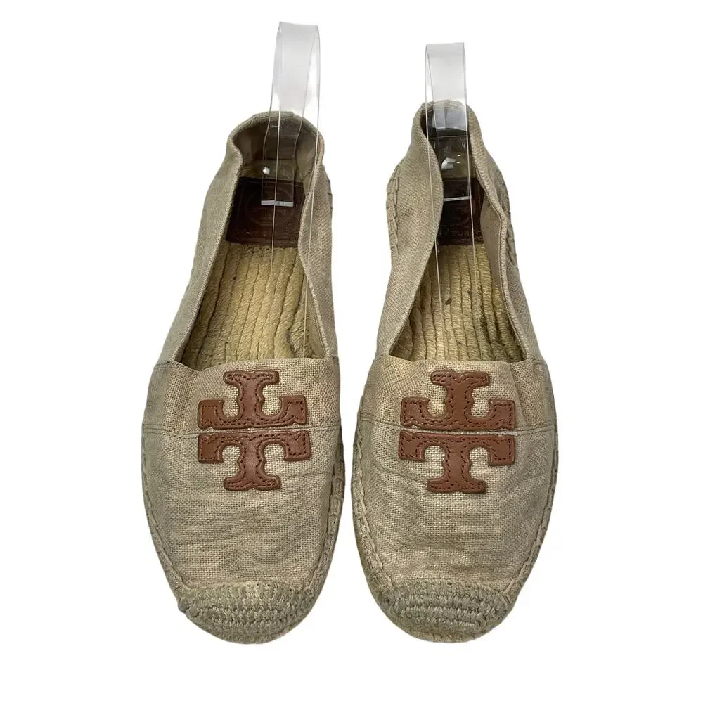 Tory Burch Weston Womens Canvas Logo Round Toe Slip On Espadrilles Flats Shoes 7